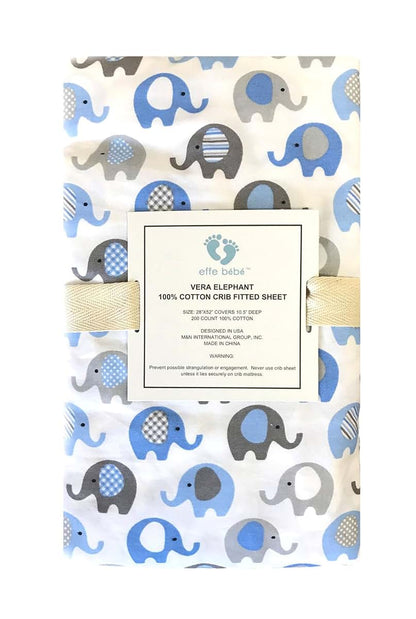 Effe Bebe Vera Elephant 100% Cotton Crib Fitted Sheet - Blue Grey