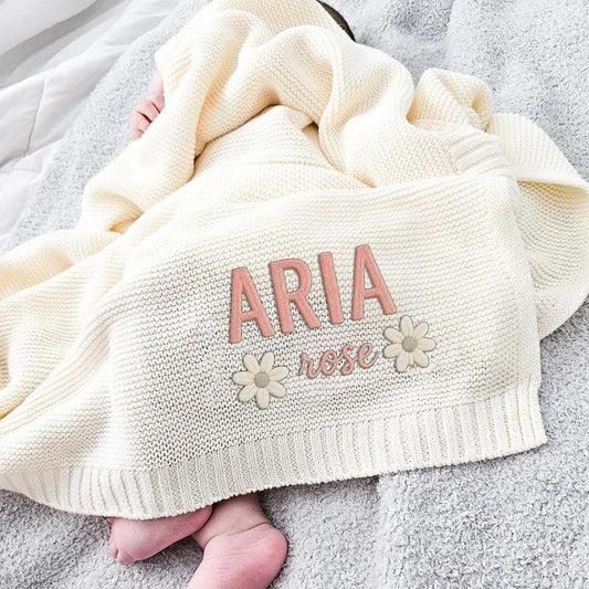 Noni Personalized Knit Embroidered Baby Name Blanket Custom Embroidered Cotton Nursery Blanket Gifts for Newborn Baby