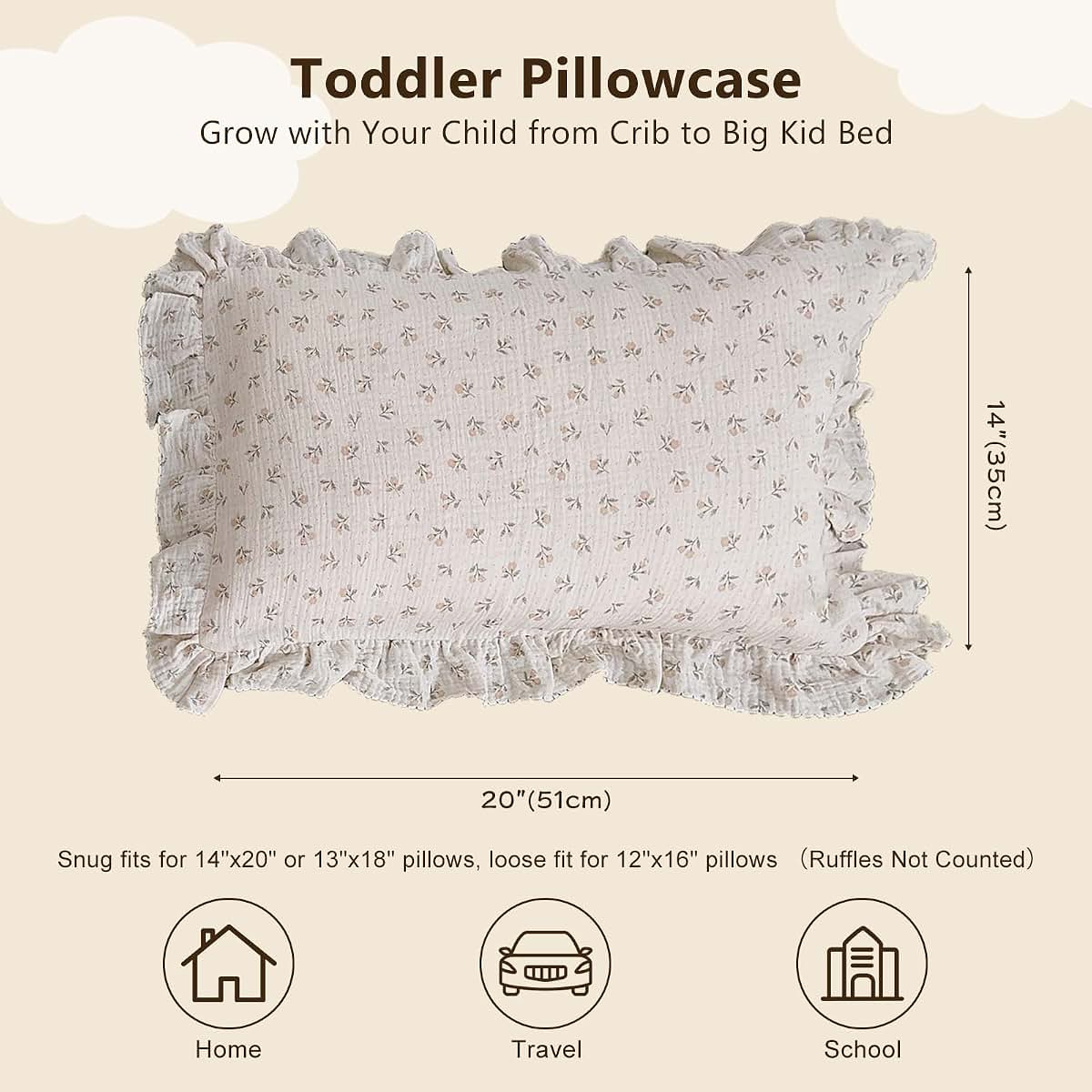 BuLuTu Floral Muslin Toddler Pillowcase with Ruffles, Sprout, 14"x20" (photo 2)