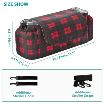 BabyOneStop Stroller Caddy Organizer Bag in Red Black Plaid with Adjustable Straps