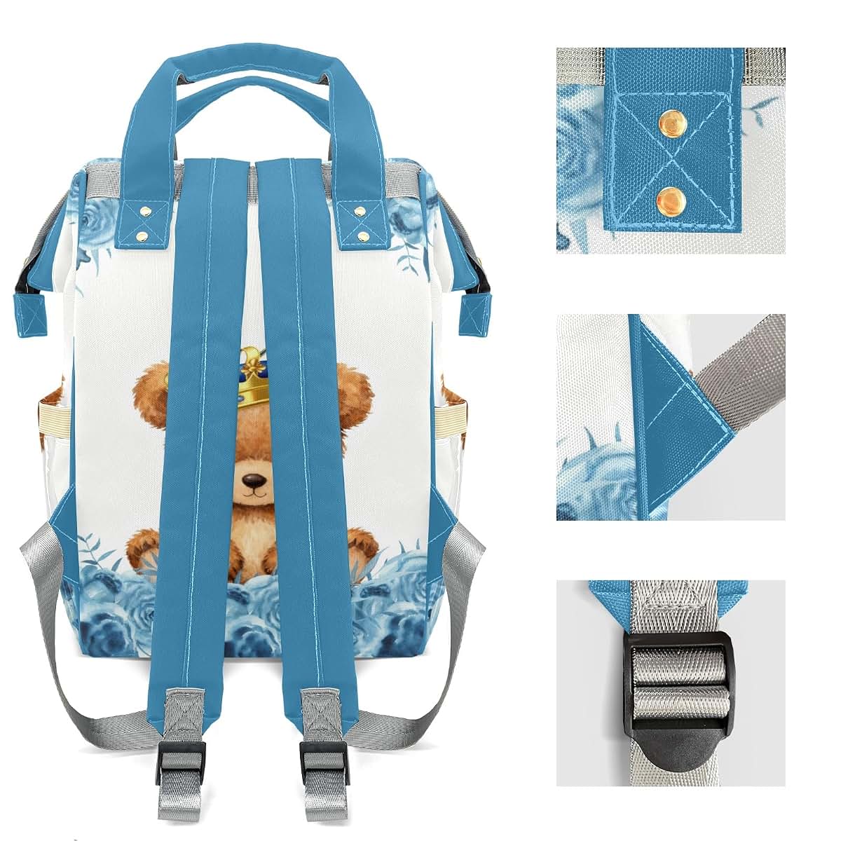 YallLocoMo Personalized Diaper Bag Backpack Name Gloden Crown Teddy Bear Waterclor Floral Multifunction Travel Backpack (photo 4)