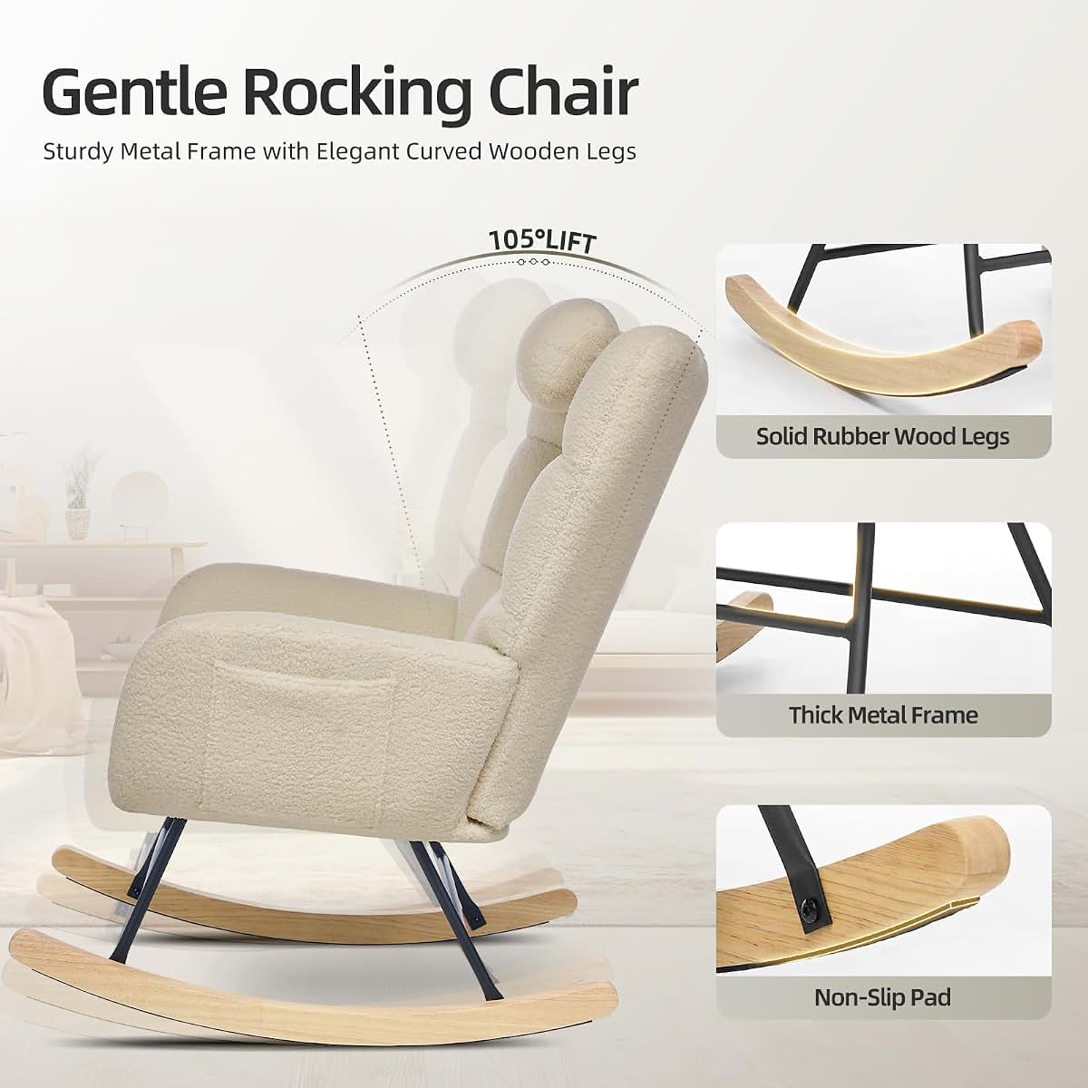 Idealhouse Nursery Rocking Chair With High Backrest In Beige (photo 4)