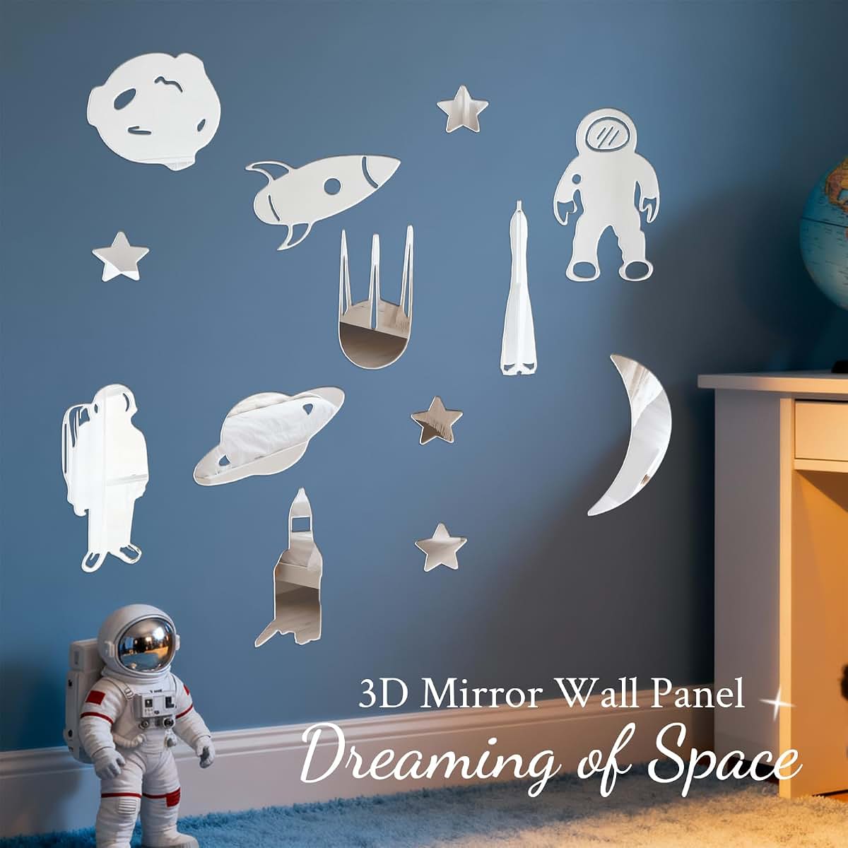 Astronaut Space Rocket Mirror Wall Decal Stickers 14Pcs 3D Acrylic Silver