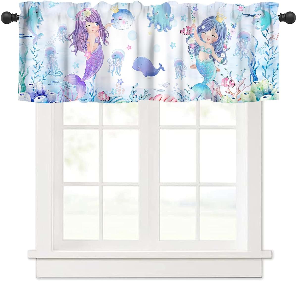 Aaveup Mermaid Valance Curtains - Blue Sea World Window Treatment
