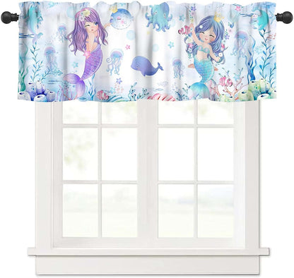 Aaveup Mermaid Valance Curtains - Blue Sea World Window Treatment