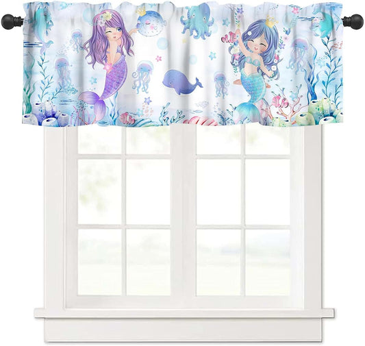 Aaveup Mermaid Valance Curtains - Blue Sea World Window Treatment