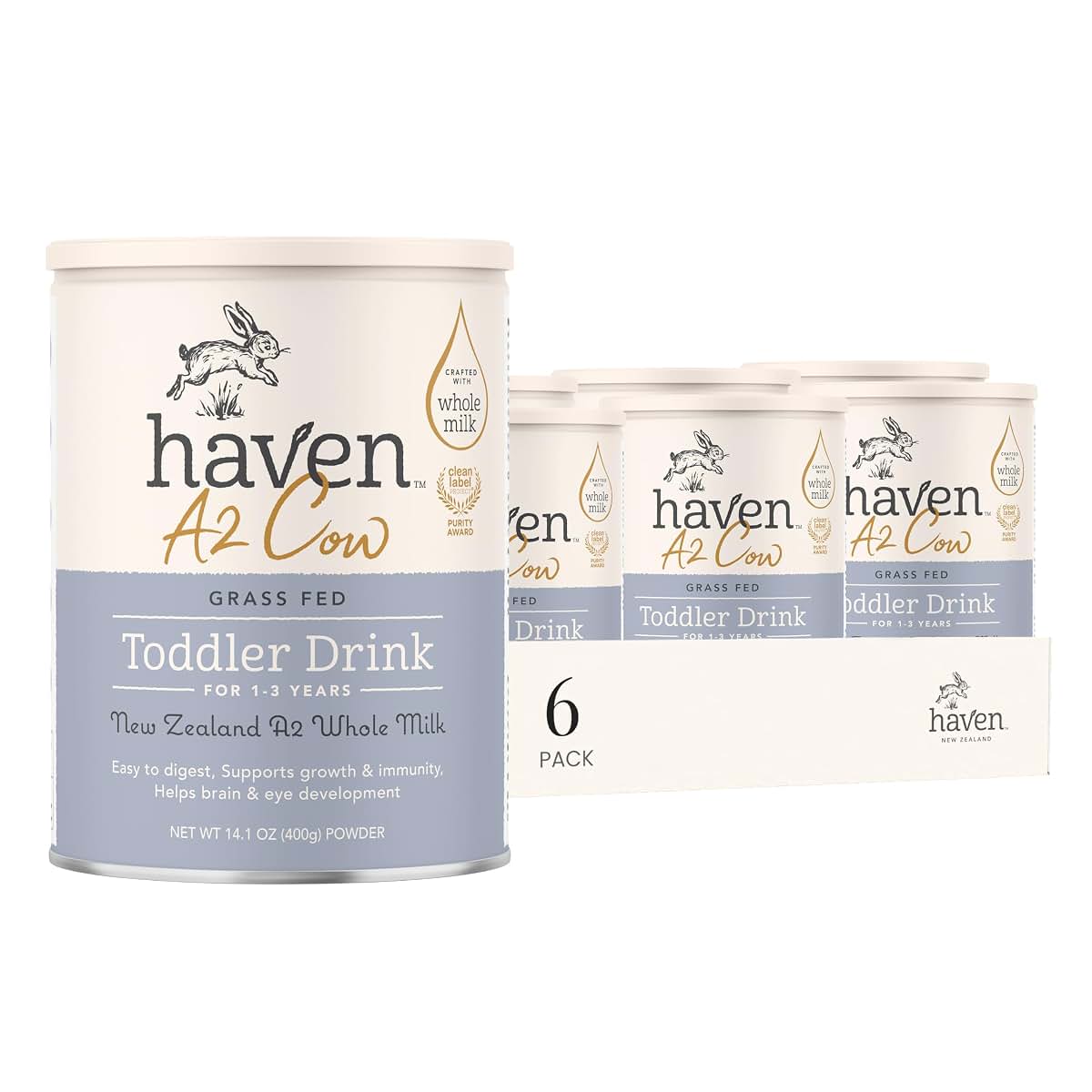 Haven A2 Cow Toddler Formula, Grass-Fed Whole Milk, 12+ Months, 14.1oz (6 Pack)