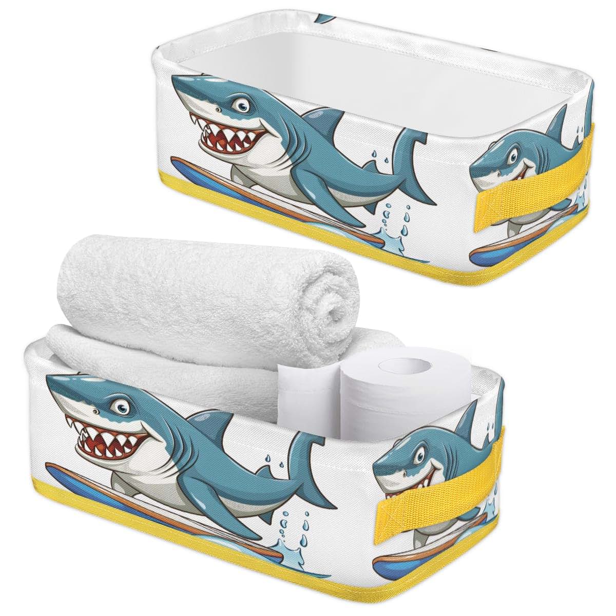 ModaQua Shark Surfing Cartoon Blue Bathroom Storage Basket, Foldable with Handle Open Countertop Paper Towel Decorative