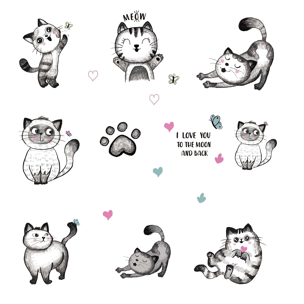 BabyOneStop Cartoon Cat Wall Decals with Heart and Paw Prints