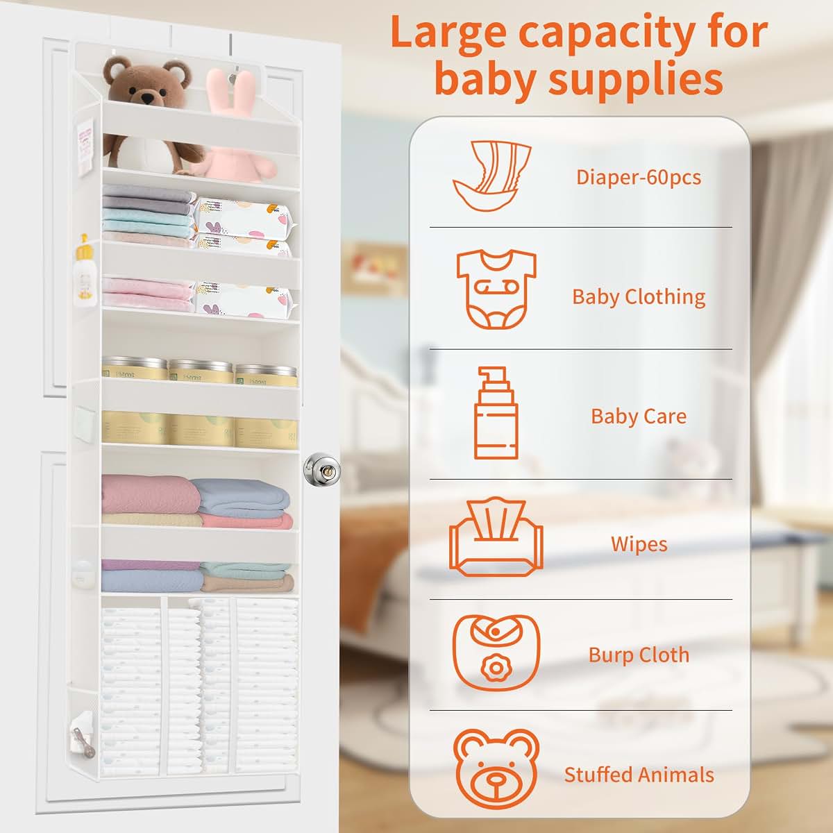 TAHAVICE 5-Tier Over the Door Nursery Organizer with 10 Mesh Pockets, Beige
