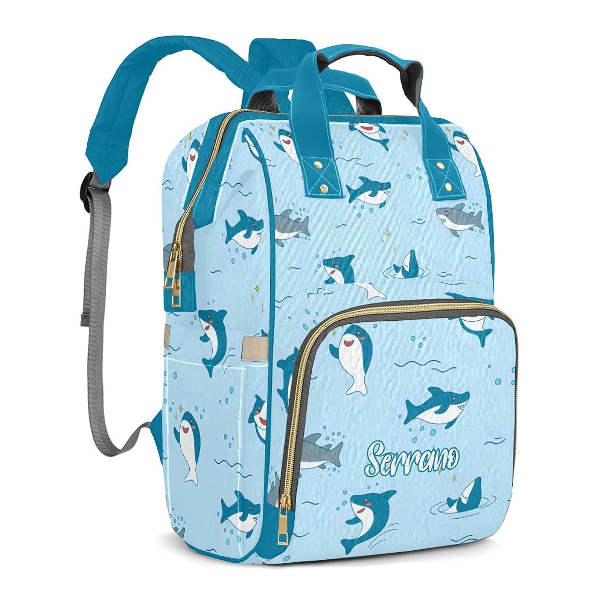 YallLocoMo Personalized Diaper Bag Backpack Gift Cartoon Shark Multi-Purpose Nappy Bag: Ideal for Holidays, Packed with (photo 2)