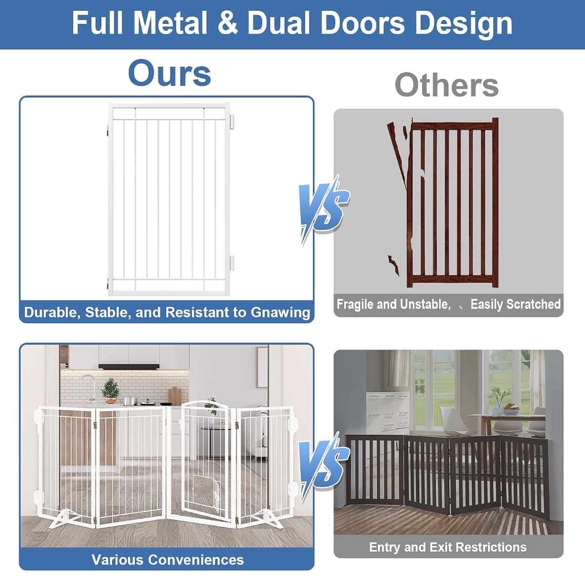 Klarana Full Metal Freestanding Dog Gate With Cat Door, 32" Tall, 160" Wide, White