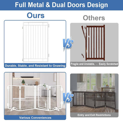 Klarana Full Metal Freestanding Dog Gate With Cat Door, 32" Tall, 160" Wide, White