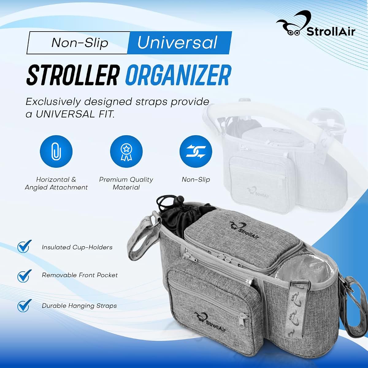 StrollAir Universal Stroller Organizer with Insulated Cup Holder, Stroller Caddy Compatible with Cosmos, Solo, Nuna (photo 2)