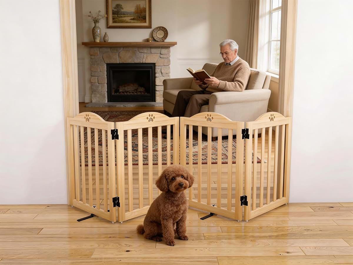 Oapety Freestanding 4-Panel Wooden Pet Gate, 23.6" Tall