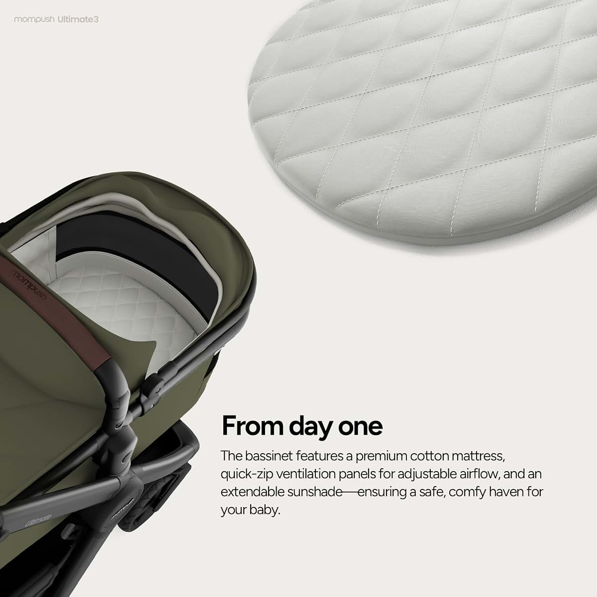 mompush Bassinet for Ultimate 2 & Ultimate 3 Strollers with UPF 50+ Sunshade