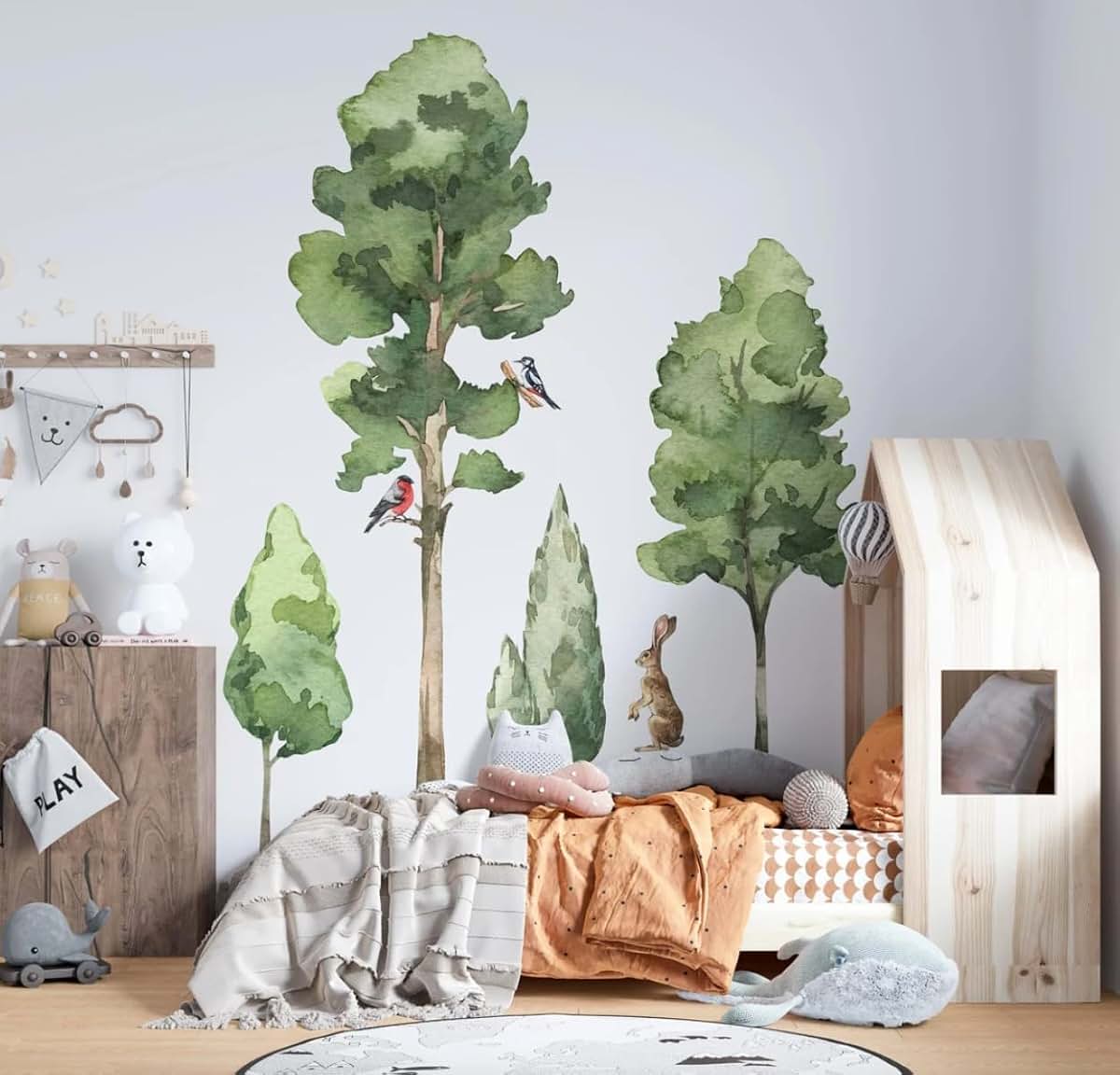 Large Watercolor Trees Wall Decals Set With Forest Animals