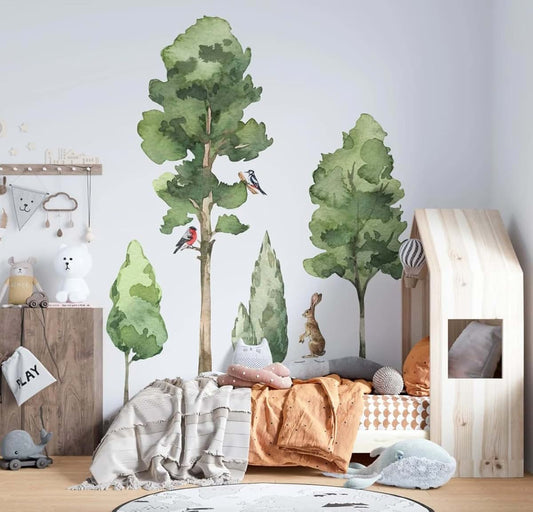 Large Watercolor Trees Wall Decals Set With Forest Animals
