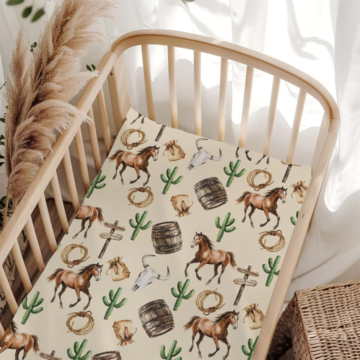 Wicbfdfv Vintage Western Cowboy Horse Cactus Fitted Baby Crib Sheet