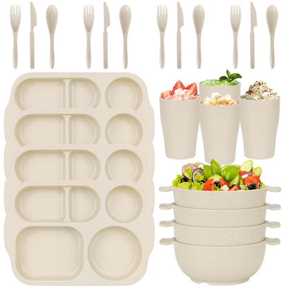 24 Pcs Plastic Dinnerware Set For Kids And Adults Reusable Microwave Dishwasher Safe