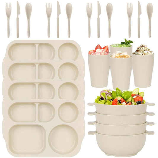 24 Pcs Plastic Dinnerware Set For Kids And Adults Reusable Microwave Dishwasher Safe