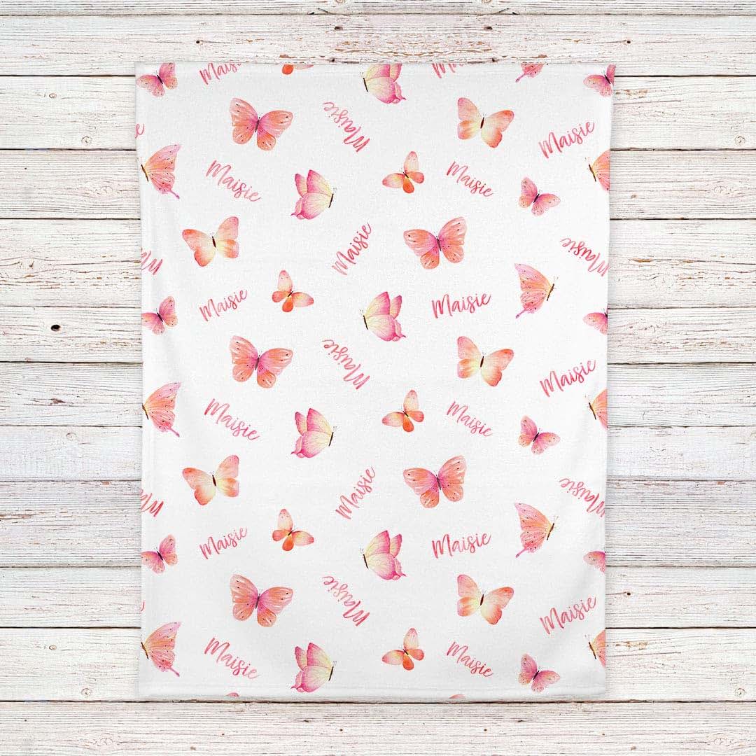 Lovable Gift Co Butterflies Personalized Baby Receiving Swaddle Blanket In Coral (photo 4)