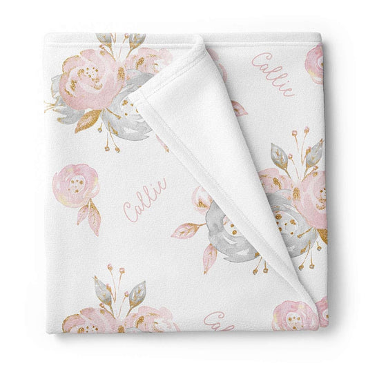 Lovable Gift Co Pink and Grey Floral Personalized Baby Girl Blanket, Shabby Chic Nursery