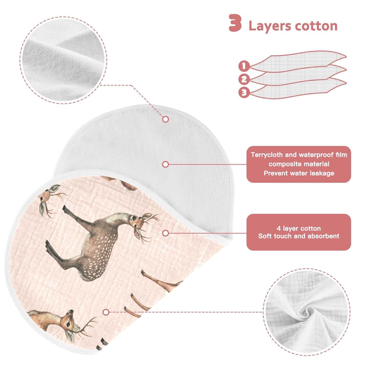 Mazeann Vintage Deer Pinks Burp Cloths Baby Boys Girls Absorbent Soft Cotton 4 Pack