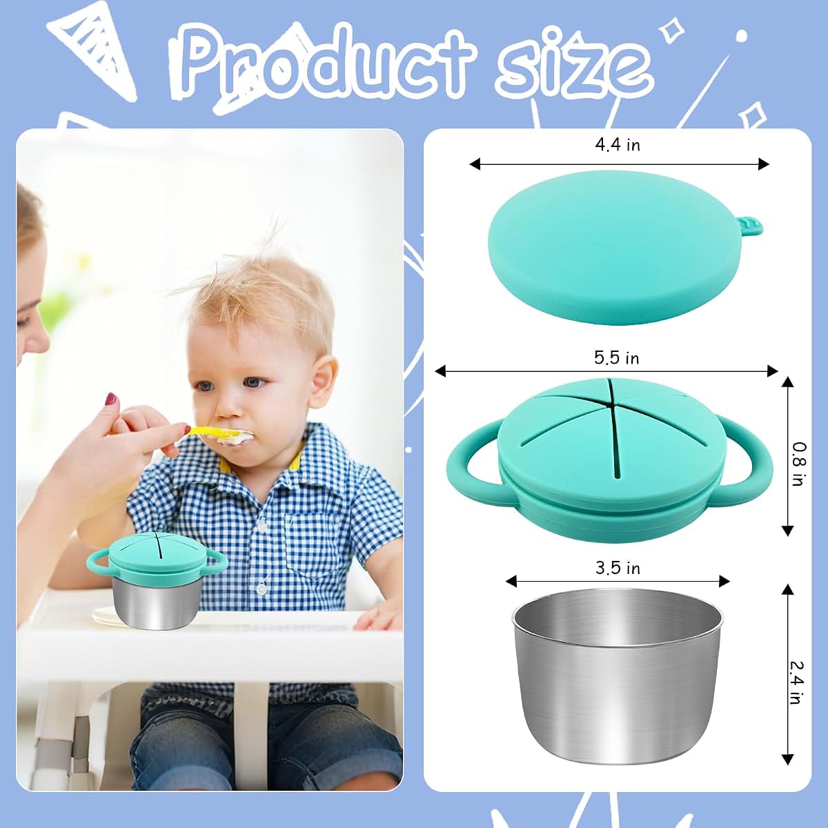 Hngwlyn 304 Stainless Steel Spill Proof Toddler Snack Cups, 2-Pack