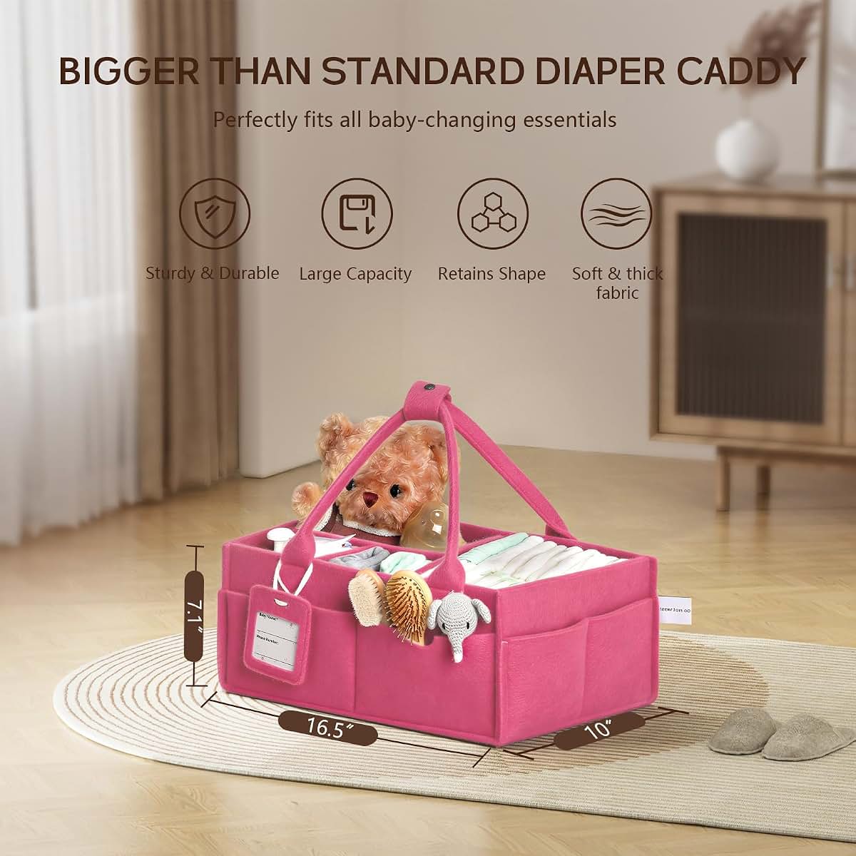 GEMII Large Diaper Caddy Organizer with Handle and Dividers, Pink