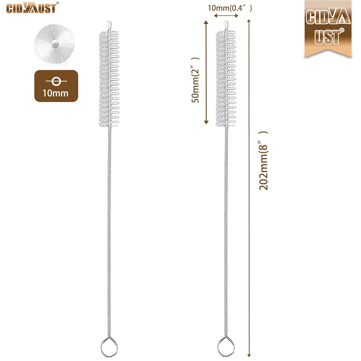 CIDYAUST 2-Pack Stainless Steel Straw Cleaner Brush, 8-Inch Nylon Bristle Tube Cleaning Brush, White