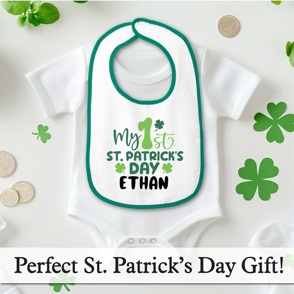 Smiling Jindo Personalized My 1st St. Patrick’s Day Baby Bib with Name – Custom First St Paddy’s Gift, Soft Cotton Terry (photo 3)