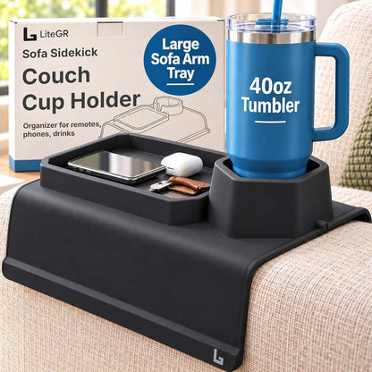 LiteGR Sofa Sidekick Silicone Couch Cup Holder & Armrest Tray, Black