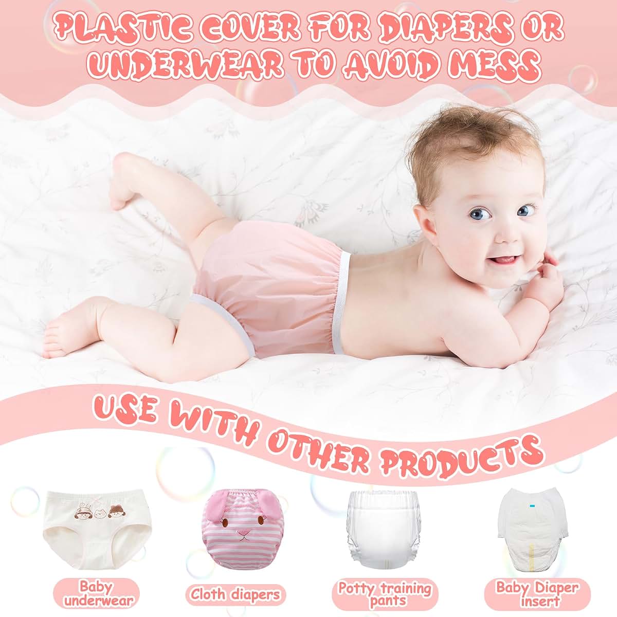 Cozypower 10 Pairs Waterproof Plastic Pants for Toddlers, M, White, Pink (photo 4)