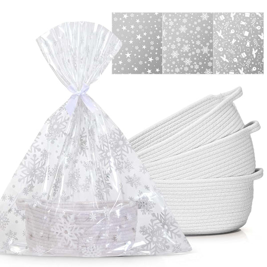 Teenyyou 3 Pack Woven Gift Baskets with Bags and Satin Bows, 12x8x5 Inch White Cotton Storage Basket