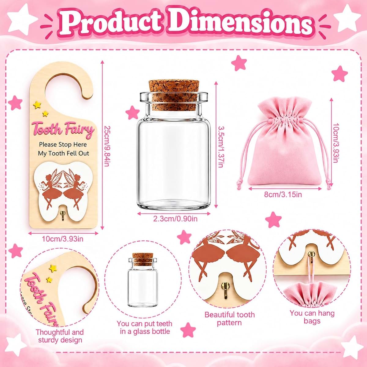 JDAWFWFJ 3-Piece Tooth Fairy Door Hanger Set With Pouch & Jar (photo 2)