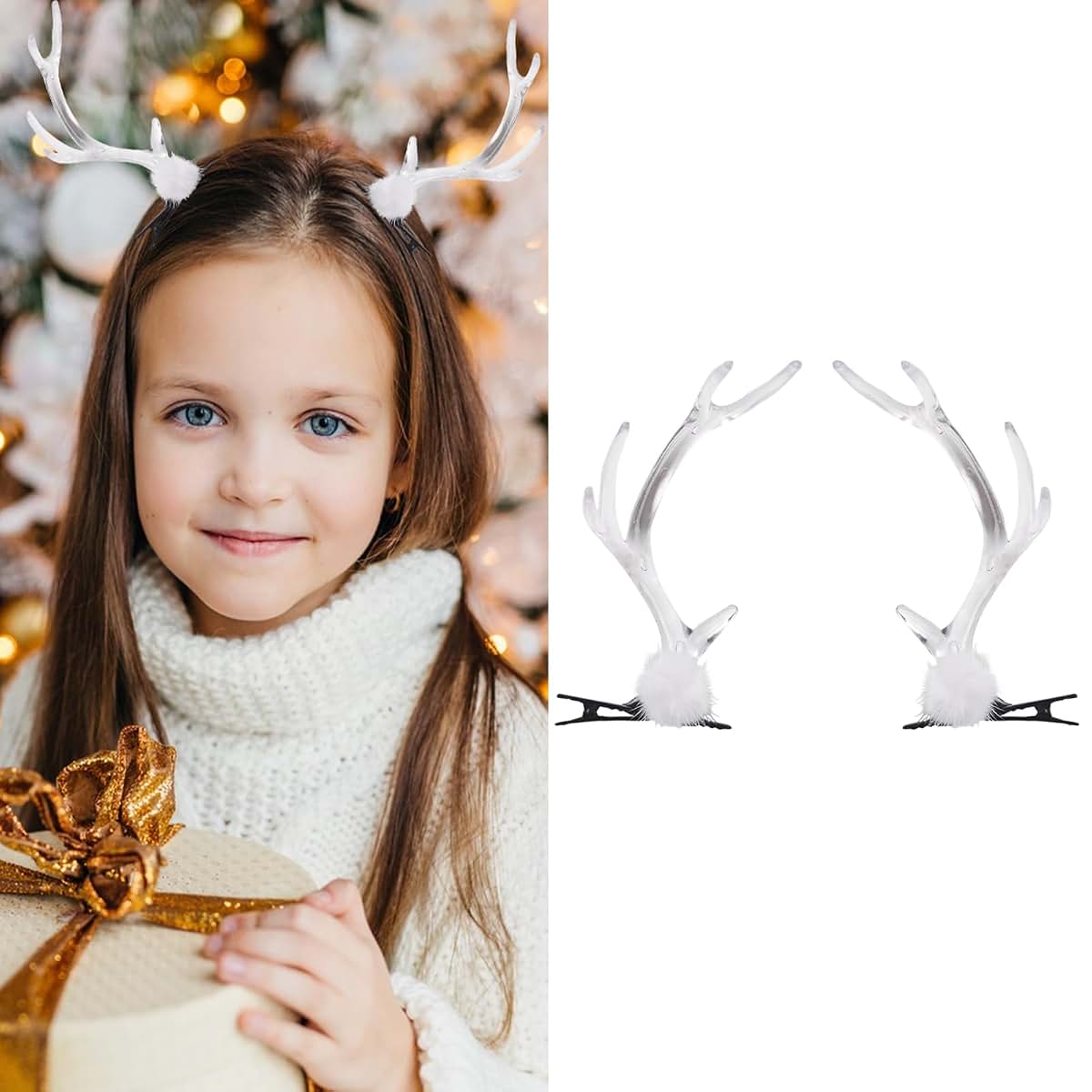 Christmas Antler Hair Clips Transparent Design With White Fur Balls