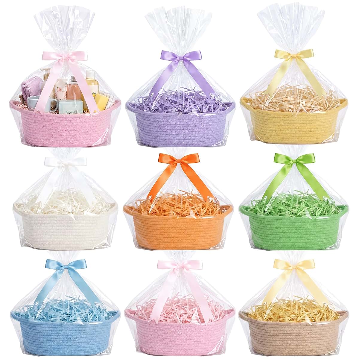Hoolerry 8 Set Small Woven Gift Basket With Bag Bow Raffia Pastel Cotton Rope Storage Box With Handle, 12 X 8 X 5 Inches