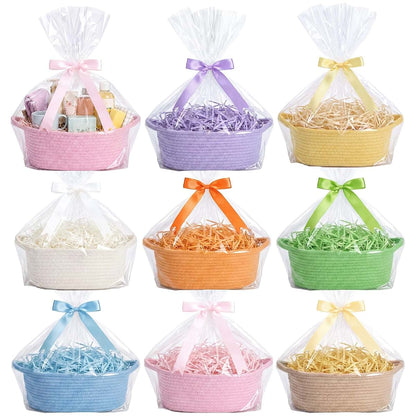 Hoolerry 8 Set Small Woven Gift Basket With Bag Bow Raffia Pastel Cotton Rope Storage Box With Handle, 12 X 8 X 5 Inches