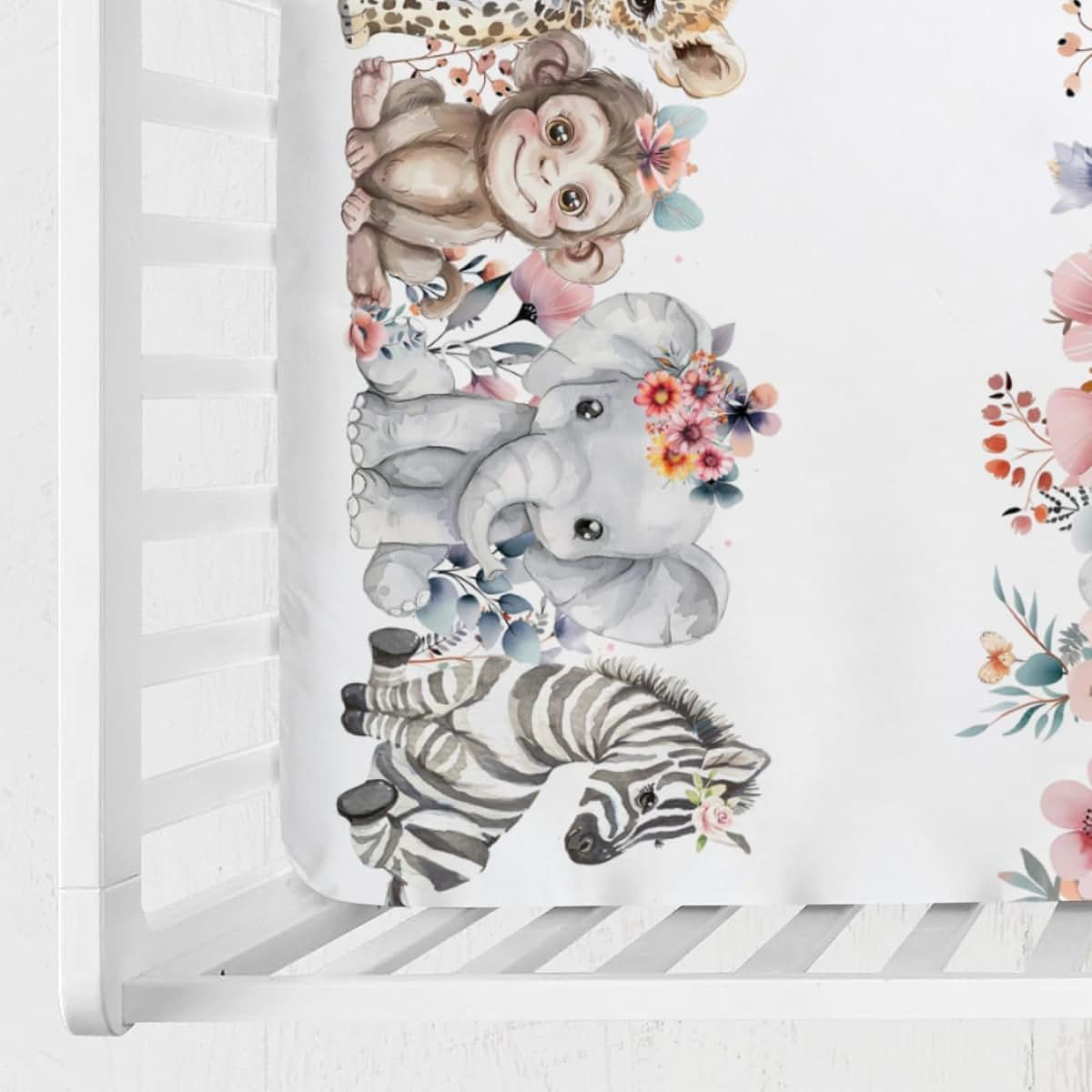 Jungle Safari Animals Boho Floral Baby Crib Sheet 52x28 Inch