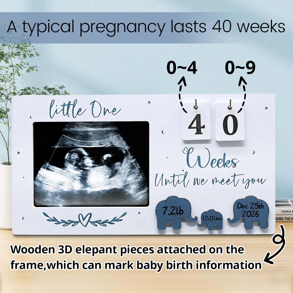 Wooden Ultrasound Photo Frame with Countdown Weeks for Pregnancy Announcement