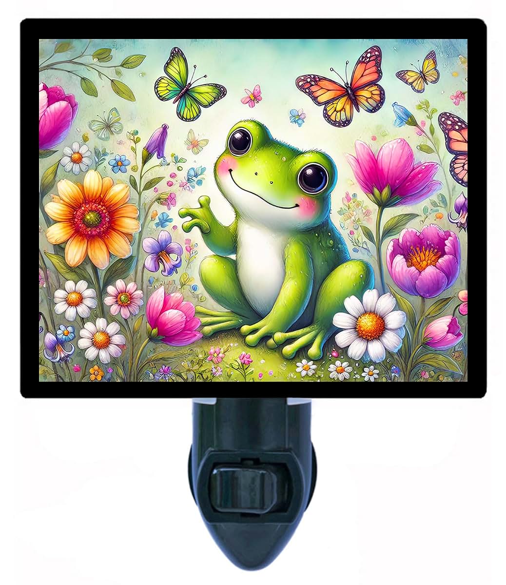 Night Light Designs LED Night Light, Frog's Garden – Whimsical Frog Design, Fully Enclosed, Rotating Plug, Glass Front