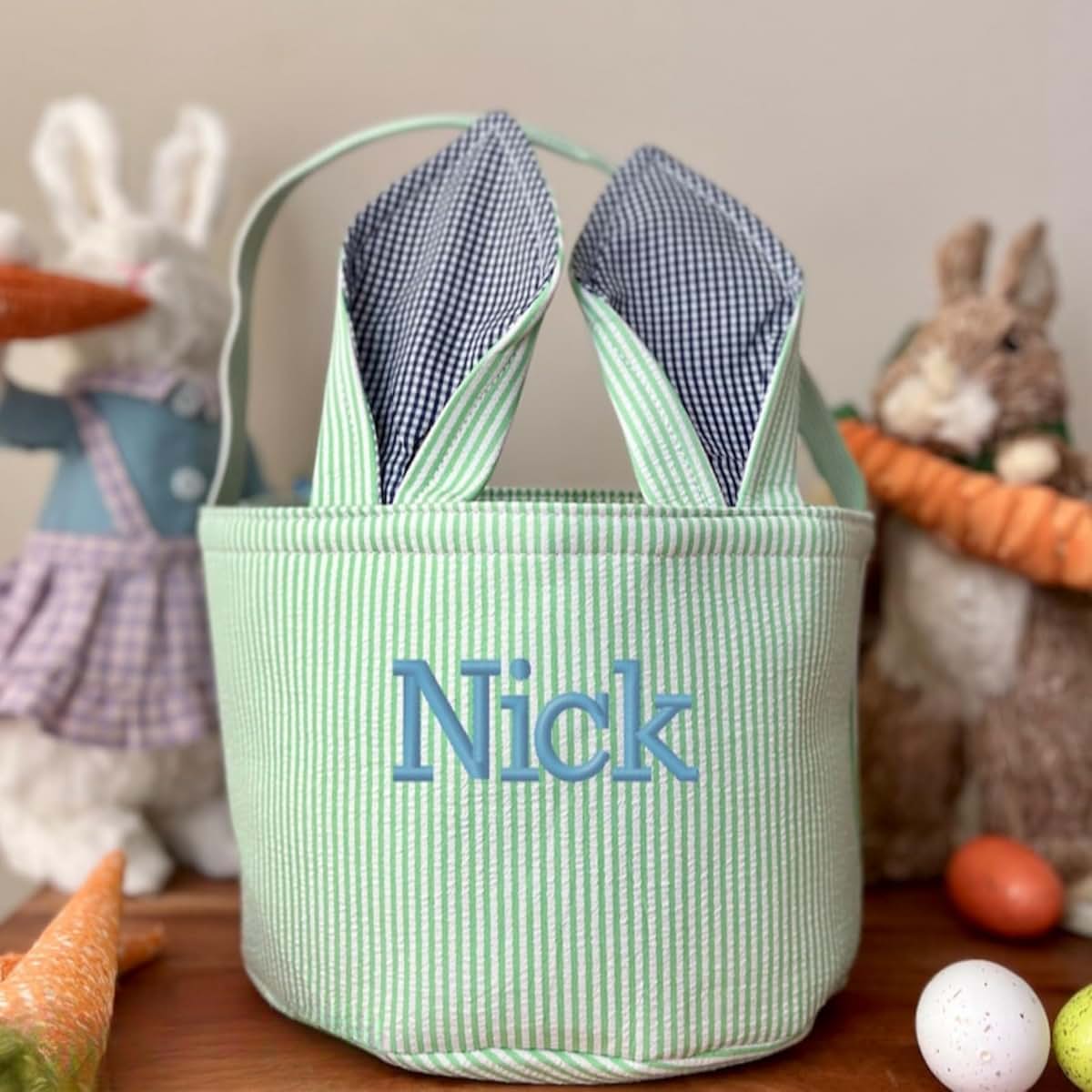 Qijundian Personalized Seersucker Easter Basket,Embroidered Easter Basket, Girls Boys Easter Basket,Custom Easter