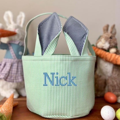 Qijundian Personalized Seersucker Easter Basket,Embroidered Easter Basket, Girls Boys Easter Basket,Custom Easter