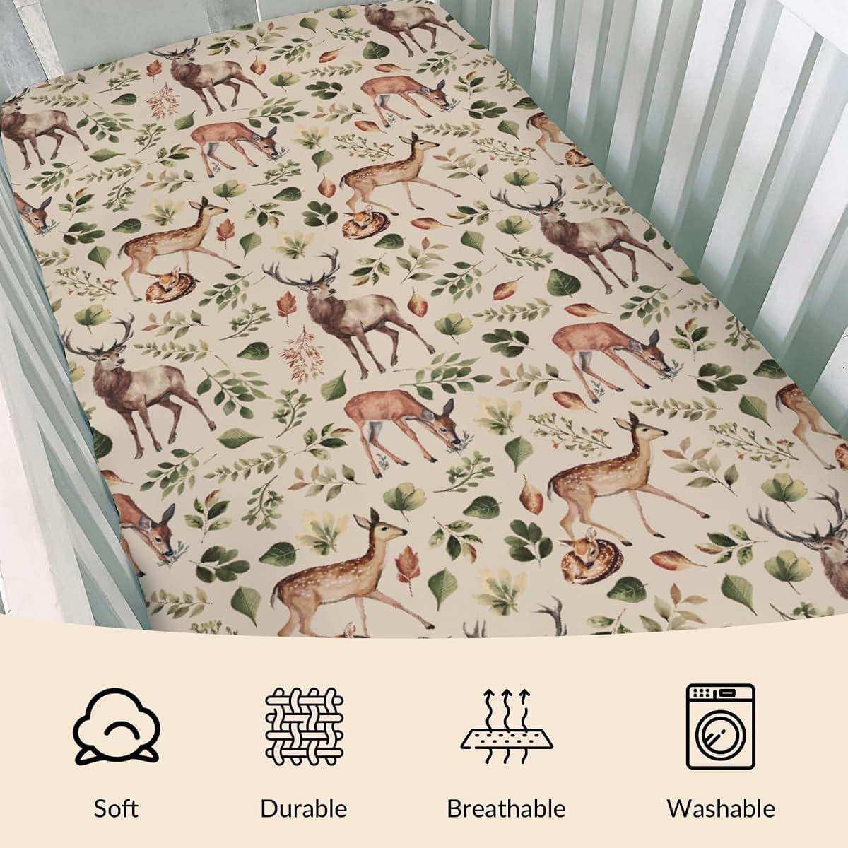 Cstdyfrv Vintage Deer Boho Leaves Baby Crib Sheet Standard Size (photo 3)