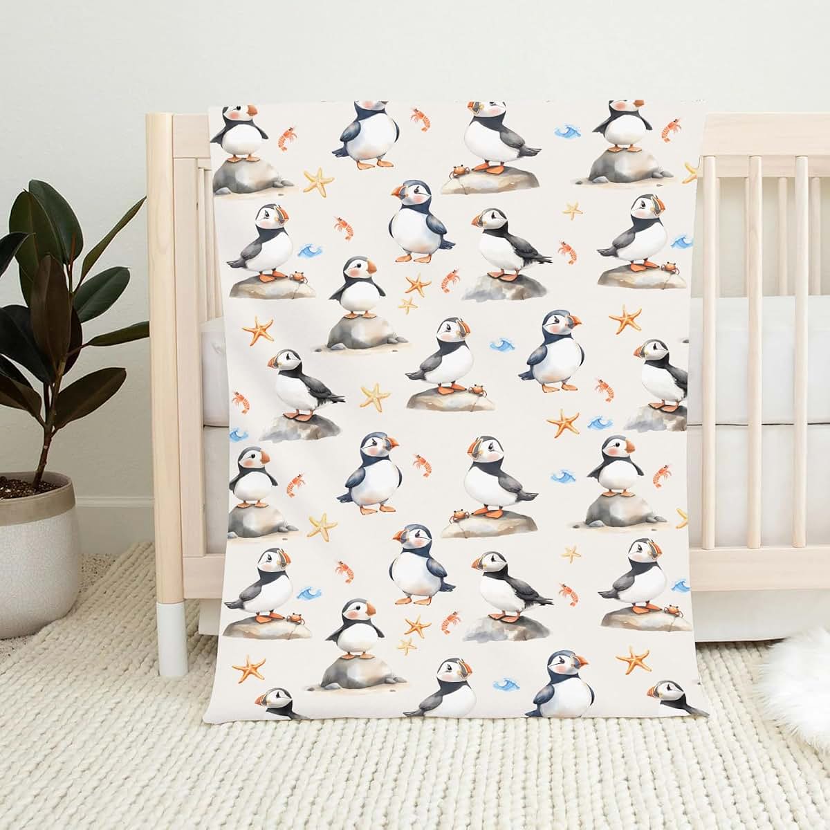 Wicbfdfv Cute Puffins Crabs Shrimp Starfish Baby Boy Girl Blankets Sea Waves Bird Animals Flannel Fleece Blanket (photo 2)
