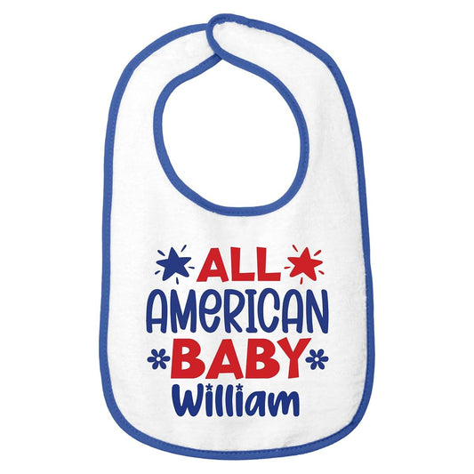 Smiling Jindo Personalized All American Baby Bib – Custom Name, Red White Blue Patriotic Bib, Soft Cotton Terry
