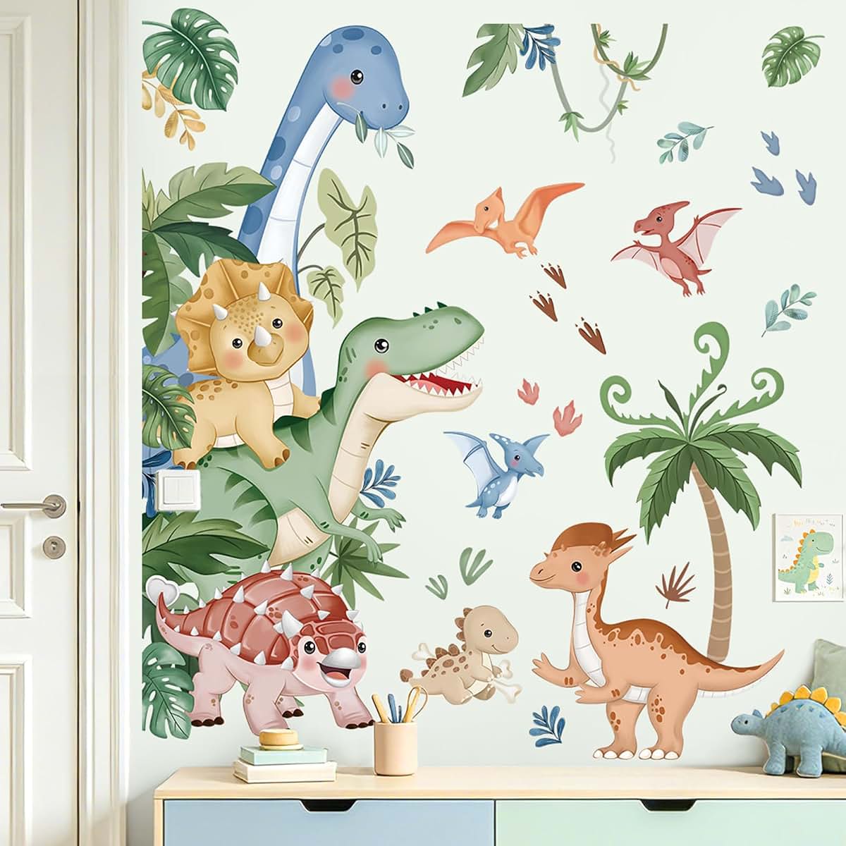 wondever Boho Dinosaur Door Wall Decals Dino Tropical Leaves Wall Stickers