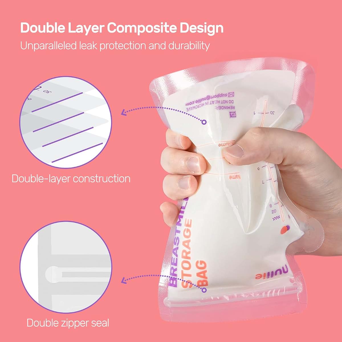 Nuliie 50-Pack 8 oz Breastmilk Storage Bags with Pour Spout, Self-Standing