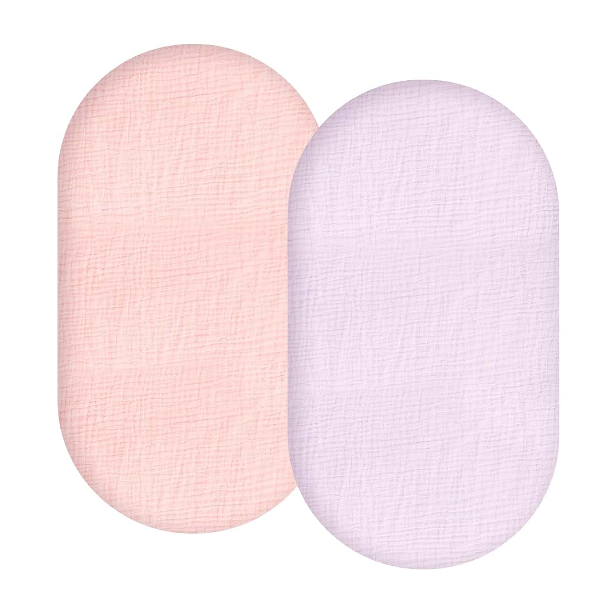 Synrroe 2 Pack Muslin Bassinet Fitted Sheets, 100% Cotton, 33x17 Inch, Pink & Purple